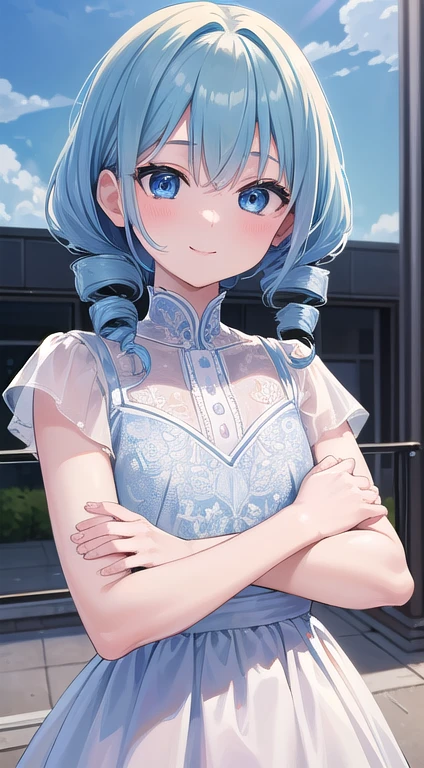 最high quality,very detailed,high quality,Extremely detailed,masterpiece,Super fine,ultra high resolution,超high quality,super delicate face,super realistic,(1 person:1.2)、woman、、light blue hair color、(Cute sky blue eyes)、(short:1.3)、flat chest 、 body shape、(twin drill hair:1.2)、(smile:1.2)、gymnastics