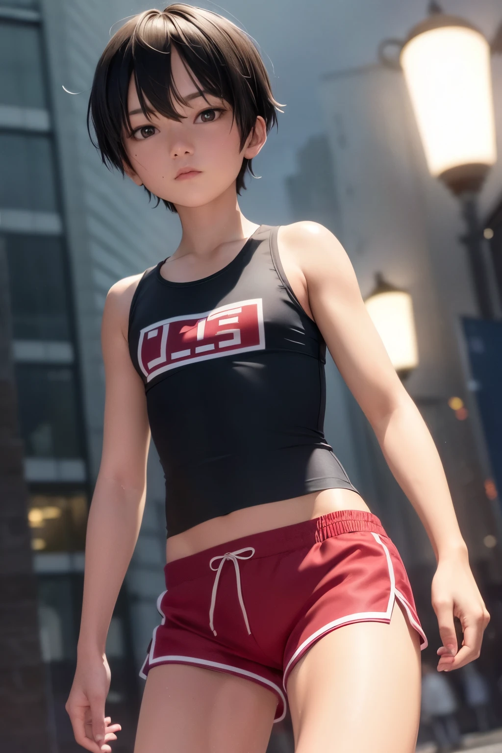 ((Flat chest, tomboy girls, 13 year old, small head)), nighttime, moonlight, (chiseled abs : 1.1), (perfect body : 1.1), (short wavy hair : 1.2) , black hair, collar, full body shot, crowded street, wearing short thin black tanktop, ((red tight athletic short shorts)), (extremely detailed CG 8k wallpaper), (an extremely delicate and beautiful), (masterpiece), (best quality:1.0), (ultra highres:1.0),  beautiful lighting ,perfect lightning, realistic shadows, [highres], detailed skin, ultra-detailed, wet skin, wet clothes,  wet hair, nude