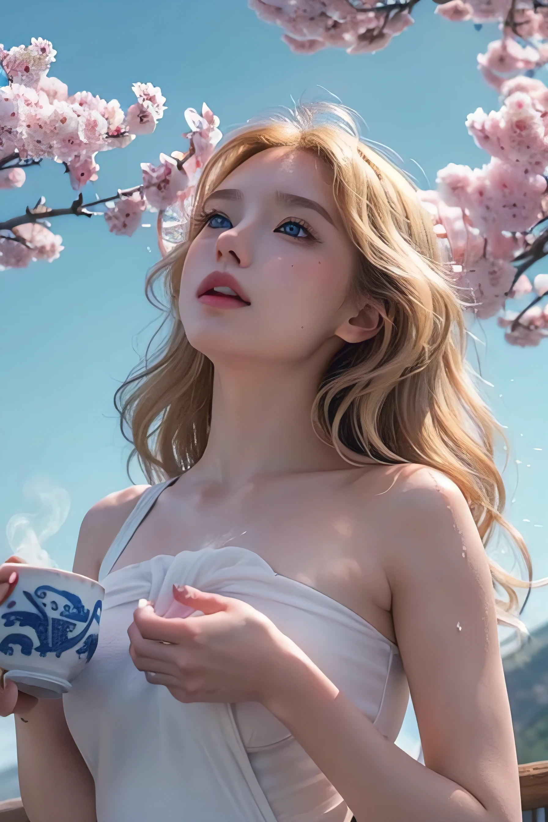 Absurdres, (masterpiece, best quality), (cute illustration:1.3), (high Saturation:1.2), detailed beautiful face and eyes, (an extremely delicate and beautiful), nice hands, perfect hands, (appropriate configuration), ((1girl)), bathing, (soaked in hot water up to their shoulders:1.3), (holding a Japanese sake cup:1.3), from below, natural hot spring, distant valleys, (Cherry trees, Cherry Blossoms), (steam, fog:1.3), 18 years old, (blonde wavy long hair), detailed blue eyes, (eyes highlight), medium breasts, (looking up at the sky:1.3), closed mouth, (sweat)