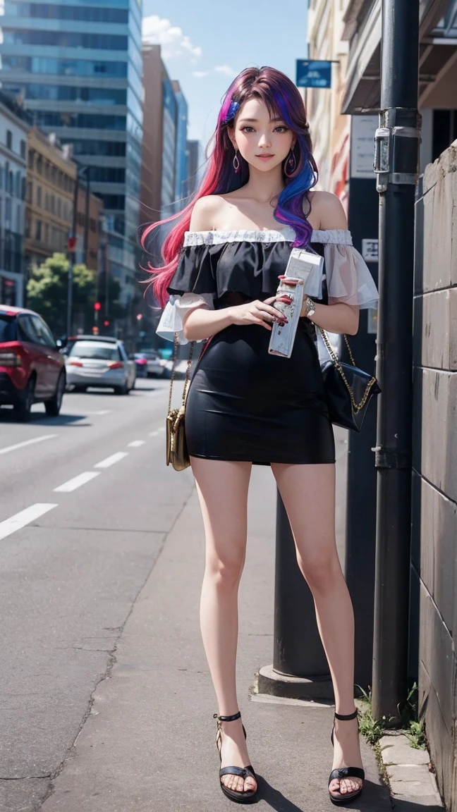 (最high quality, 8K, masterpiece: 1.3, Ultra HD, high quality, 最high quality, High resolution, realism)) 、25 year old white woman、brunette、blue eyes、long hair、smile、slender、slenderだがアスリートのような細マッチョ、I don't want my head to disappear from the screen.、Wear accessories on your wrist、Wearing red nail polish、I have a peticure、Wear a sheer, off-the-shoulder bodycon top、wear sandals、have a clutch bag、Skyscraper background、Waiting for a traffic light at an intersection、crystal earrings((crystal earrings))、inner color((colored inner hair))、long hair ((long hair))、dark blonde、Rainbow Hair((rainbow hair))