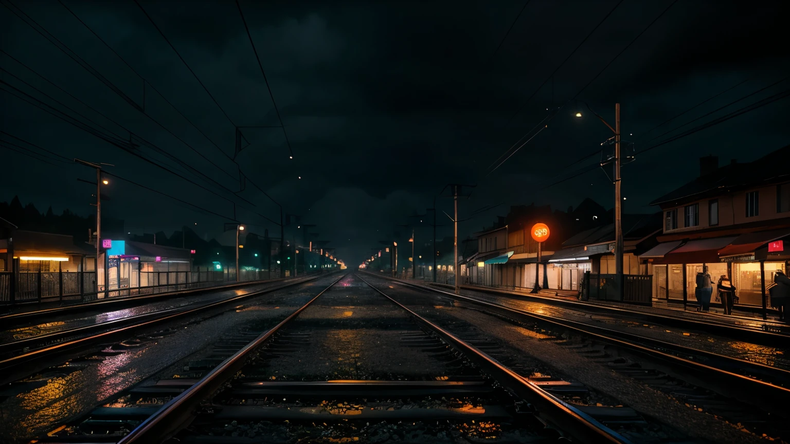 tech noir, masterpiece, best quality, 8k wallpaper, super detailed, 
 low saturated colors, Simple and neat design, Dark and moody atmosphere, breathtakingly beautiful, 
 subtle accent light, background only, 
  Wet railroad tracks after the rain, The reflected street lights create a fantastic atmosphere.