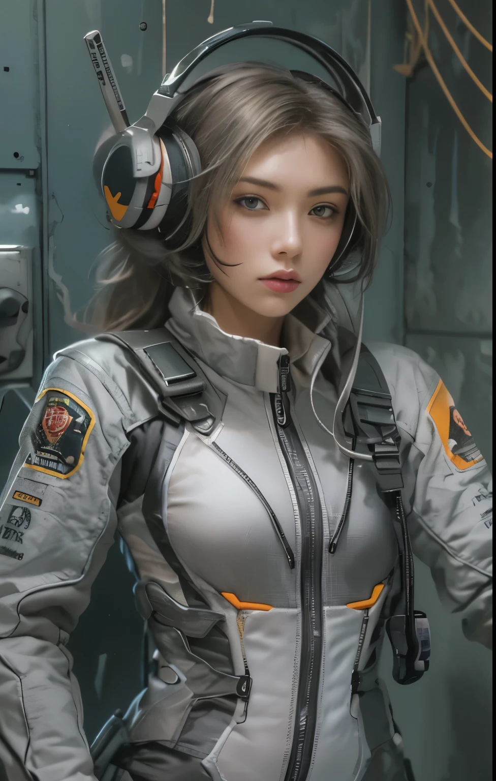 Highest image quality, Excellent details, ultra high resolution, (realism: 1.4), ((close up:0.75)), Best Illustration, Offer details, Highly concentrated 1lady, Have a beautiful and delicate face, Perfect proportion, (chubby:0.3, small breasts), (Putting on a racing suit is like, Black and gray mecha, Wearing high-tech headphones, military harness, With a rifle), team leader, Background simple gray wall,