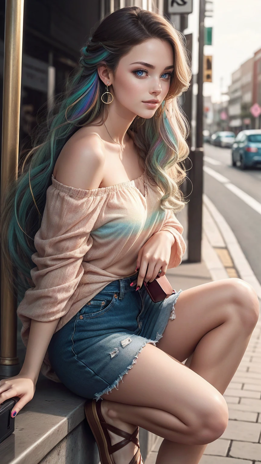 (最high quality, 8K, masterpiece: 1.3, Ultra HD, high quality, 最high quality, High resolution, realism)) 、25 year old white woman、brunette、blue eyes、long hair、smile、slender、slenderだがアスリートのような細マッチョ、I don't want my head to disappear from the screen.、Wear accessories on your wrist、Wearing red nail polish、I have a peticure、Wear a sheer, off-the-shoulder bodycon top、wear sandals、have a clutch bag、Skyscraper background、Waiting for a traffic light at an intersection、crystal earrings((crystal earrings))、inner color((colored inner hair))、long hair ((long hair))、dark blonde、Rainbow Hair((rainbow hair))