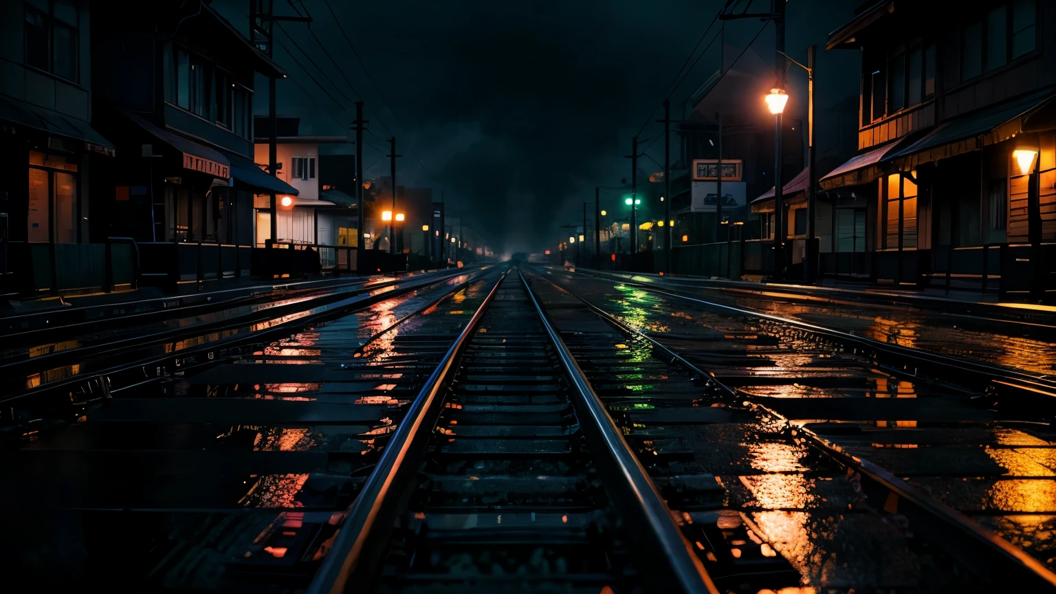 tech noir, masterpiece, best quality, 8k wallpaper, super detailed,
low saturated colors, Simple and neat design, Dark and moody atmosphere, breathtakingly beautiful,
subtle accent light, background only,
Wet railroad tracks after the rain, The reflected street lights create a fantastic atmosphere.