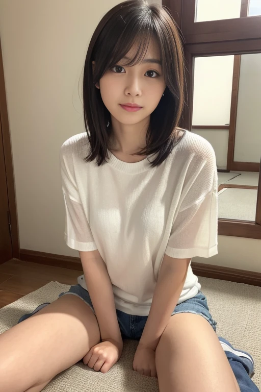 japanese woman, ((naked, huge breasts, skinny, very short cut, 25 years old:1.0)), ((looking at viewer:1.4)), ((white tanktop, Spread her legs:1.4)), inside bedroom.vaginal, penis