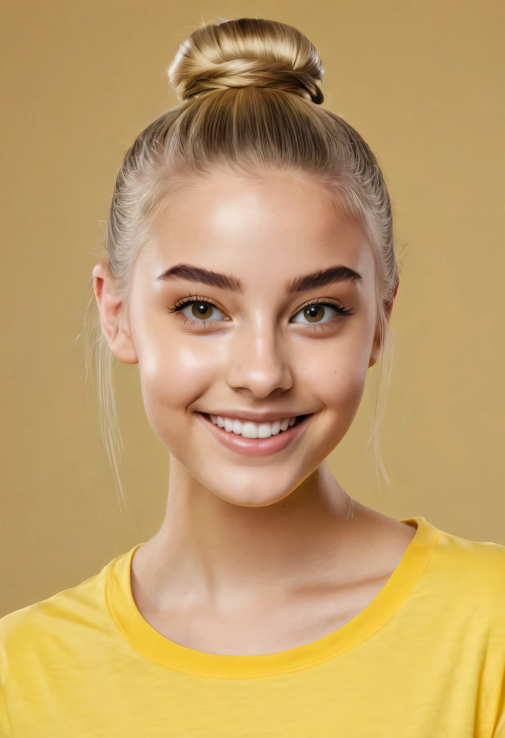 A girl of 18 year-old, blonde, Ballerina Bun hairstyle, leperky, wearing a yellow T-shirt with no inscriptions, looking directly at the camera, smiling