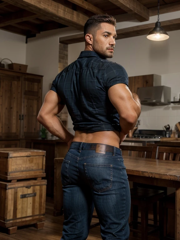 obra maestra, Mejor calidad, high resolution, A man in a lumberjack suit (cuadros blancos y negros), cuerpo completo, muscular, (con camisa) enfoque masculino, enfocarse solo, piel bronceada, 38-year old man,  muscular, fuerte, peludo, Masculino, nalgon, de espaldas, Blue jeans, full body, big ass, backside 