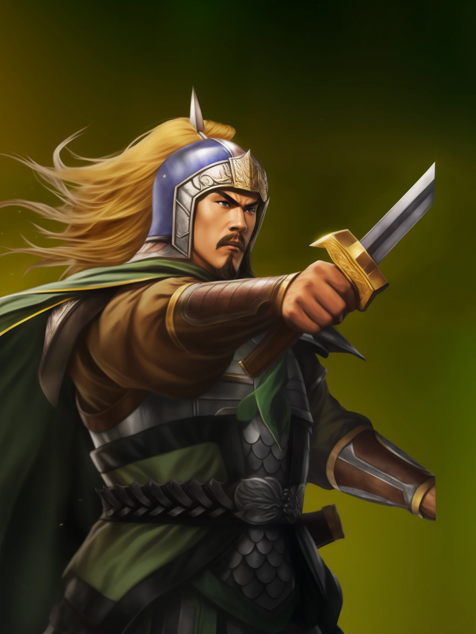 Close-up of a man holding a sword and wearing a helmet, 最伟大的Elf Warrior, Guan yu, picture of an adult male warrior, male warrior, Arshon Lupine as Paladin, 史诗Elf Warrior, elvish blonde male warrior, male elf ranger, Elf Warrior, zhao yun, Male blond elf ranger, Similar to Legolas