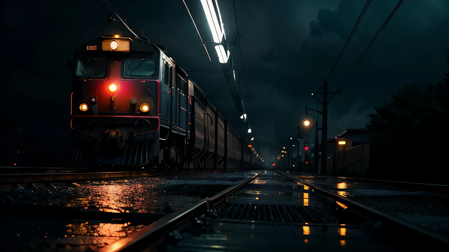 tech noir, masterpiece, best quality, 8k wallpaper, super detailed,
low saturated colors, Simple and neat design, Dark and moody atmosphere, breathtakingly beautiful,
subtle accent light, background only,
Wet railroad tracks after the rain, The reflected street lights create a fantastic atmosphere.