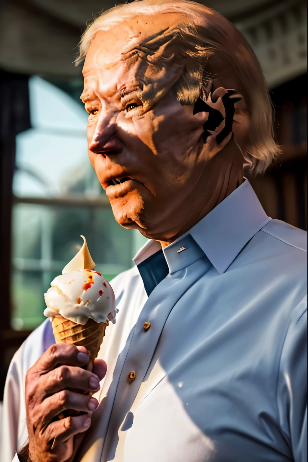 ((((Joe Biden)))), Photorealistic, mature male, (((in the White House))), (((holding ice cream cone))), Detailed skin, detailed body, Natural Skin Texture, realistic skin, skin pores, intricate detail, raw photo, lifelike rendering, immersive atmosphere, chiaroscuro, moody lighting, ((mid shot))