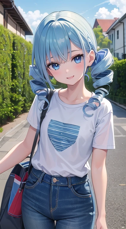 最high quality,very detailed,high quality,Extremely detailed,masterpiece,Super fine,ultra high resolution,超high quality,super delicate face,super realistic,(1 person:1.2)、woman、、light blue hair color、(Cute sky blue eyes)、(short:1.3)、flat chest 、 body shape、(twin drill hair:1.2)、(smile:1.2)、T-shirt、jeans、garden