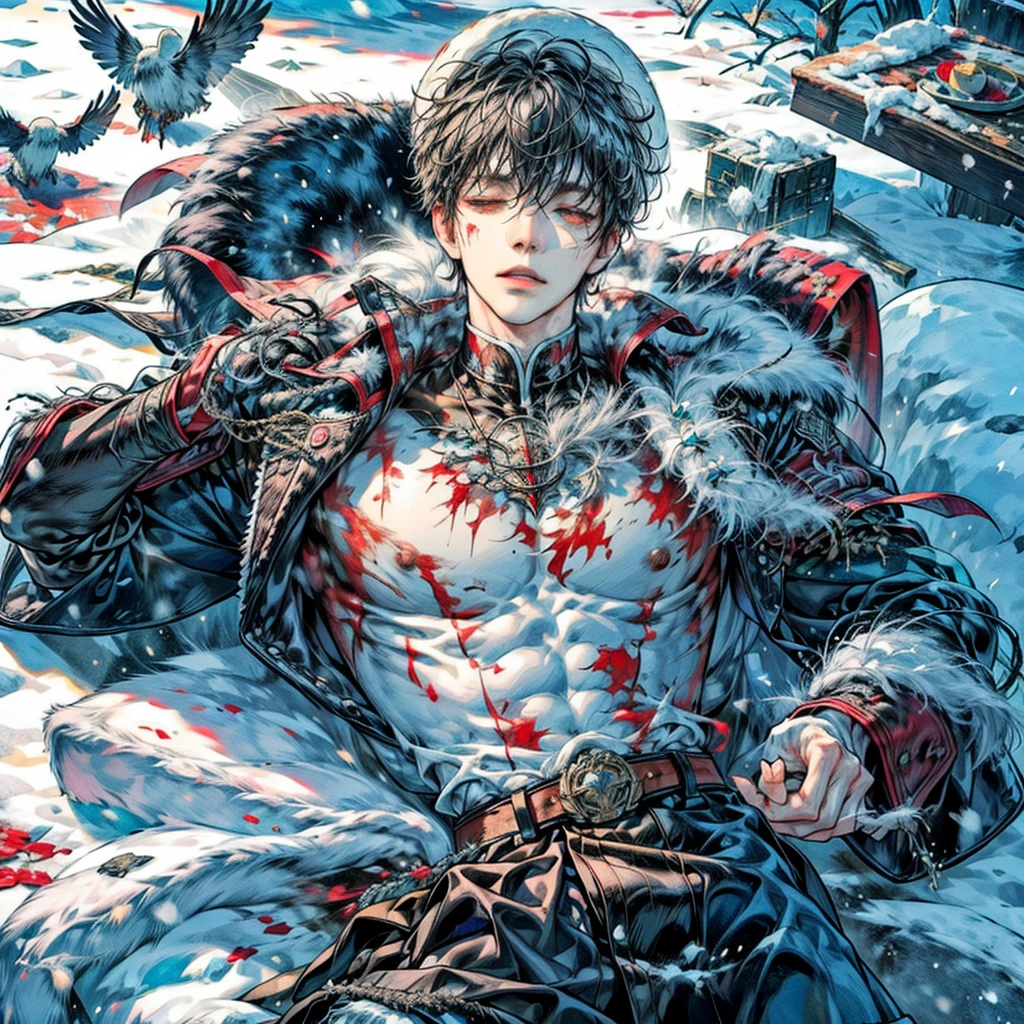 a black hair men lays on snow field with unbrothered facial expression, (unbrothered facial expression), (half-closed eyes), wear soldier hat, cool soldier uniform, snow sky, snowing sky, blood on snow field, cinematic lighting, cinematic high sky, magnificent men, handsome men, detail eyes, laying down on snow field, looks at the sky, masterpiece, best quality, detailed scenery, winter, detailed(light and shadow), modern soldier, (completely laying on snowfield), (he is laying down on snow), (look at the sky), (he looks at the sky), (Drone view), (Aerial view), (1men), solo men, resting on snow, frosty, fost, snowflake, snow smoke, frosty, it's snowing 