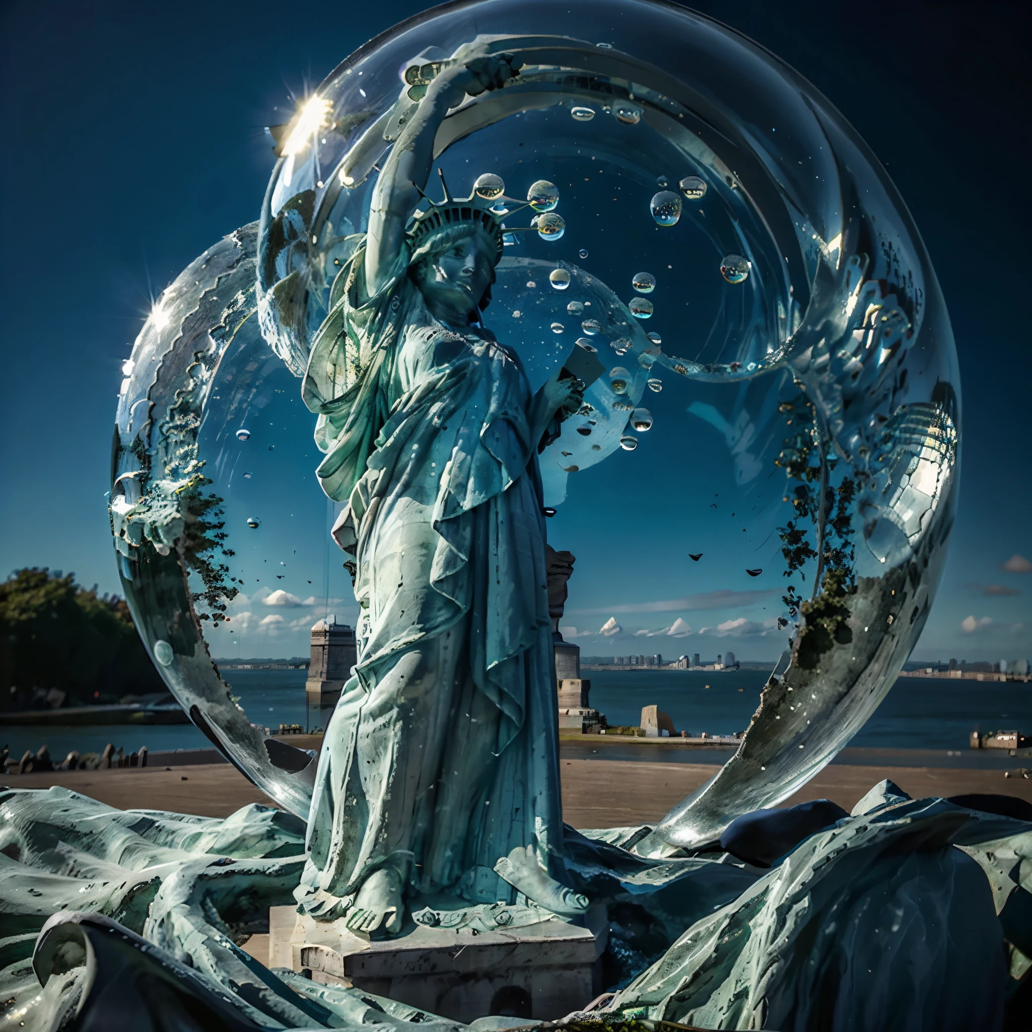 bubblerealm, lady-liberty, Liberty statue in a bubble. Statue of Liberty is bent to cry, ((Crying statue)), masterpiece, top-quality, Photorealistic, A hyper-realistic