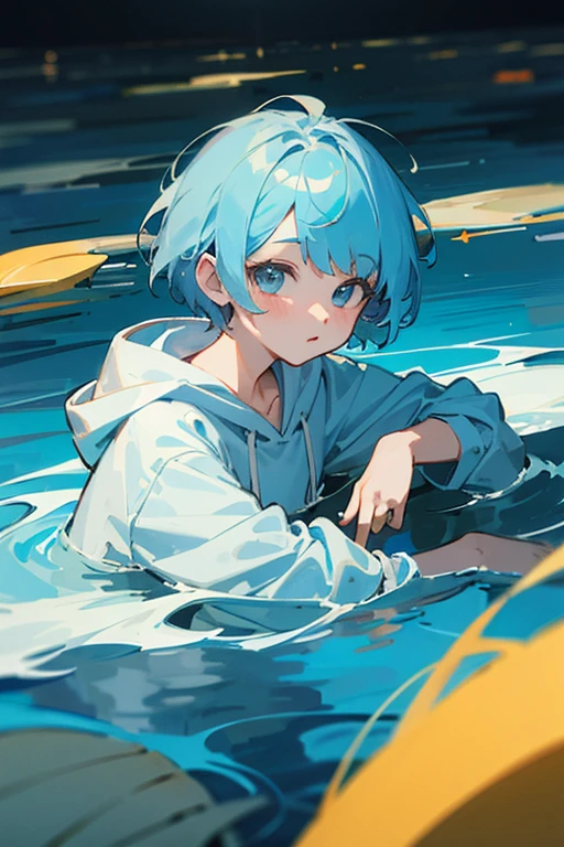 ((highest quality))　((masterpiece))　perfect face　blue hair　short hair　odd eye　An illustration　Light Blue Hoodie　one person　In the sea　Swimming　neutral　let your hair flow　Highest image quality　middle School girls　

