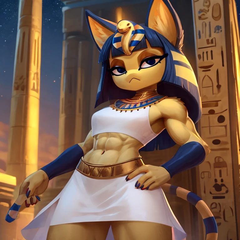 a digital artwork of ankha with abs wearing a crop top of her white sleeveless dress outfit with a bare midriff and a bare navel , digital art, ((perfect face)), ((best quality)), ((masterpiece)),