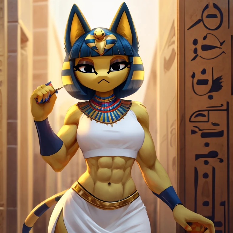 a digital artwork of ankha with abs wearing a crop top of her white sleeveless dress outfit with a bare midriff and a bare navel , digital art, ((perfect face)), ((best quality)), ((masterpiece)),