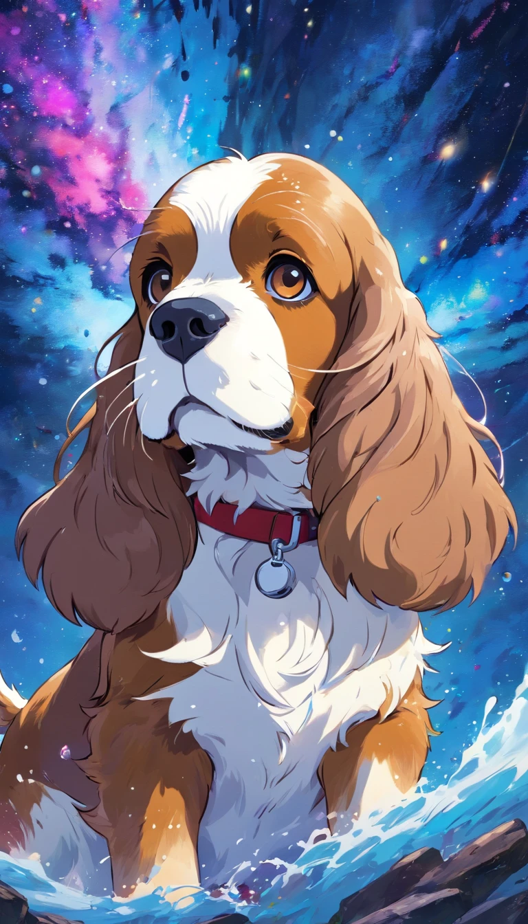 splash art, brown-white English Cocker Spaniel, Milky Way, Double exposure, The head is in the lower left corner of the screen, sharp eyes, art station, Color paint splatter style, outline, Complex super detailed detailed, unrealistic engine, fantastic, intricate details, splash screen, complementary colors, fantasy concept art, 8K resolution, A Deviant Masterpiece, painting, Scam, paint drops, splash paint painting