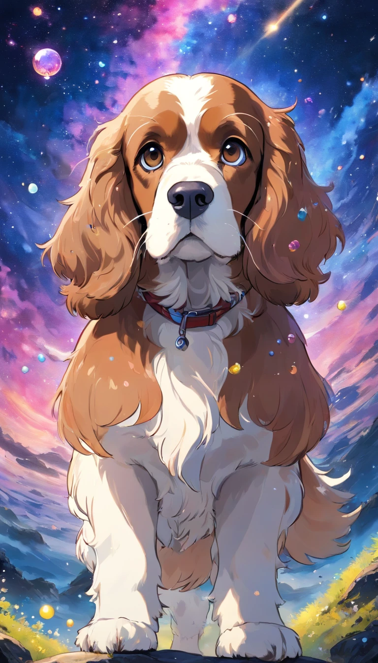 splash art, brown-white English Cocker Spaniel, Milky Way, Double exposure, The head is in the lower left corner of the screen, sharp eyes, art station, Color paint splatter style, outline, Complex super detailed detailed, unrealistic engine, fantastic, intricate details, splash screen, complementary colors, fantasy concept art, 8K resolution, A Deviant Masterpiece, painting, Scam, paint drops, splash paint painting