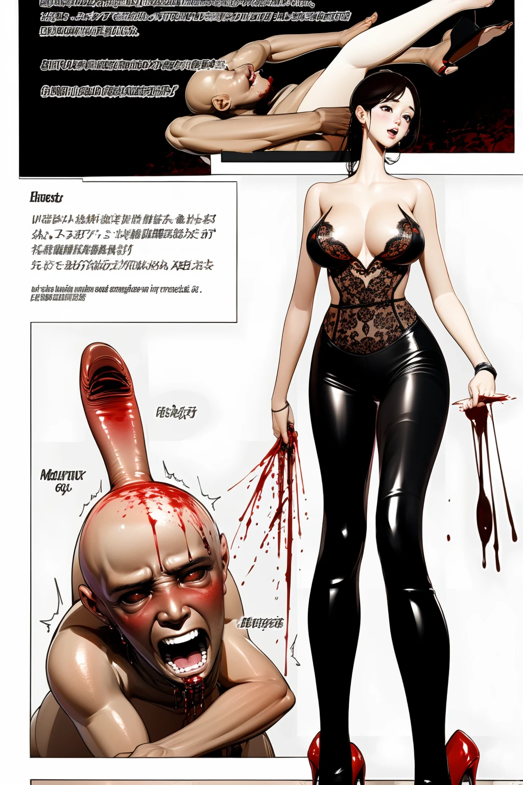 comic storyboard,realistic,3d,Unreal Engine 5,skin texture,anatomically correct,1beautiful girl, long hair,smile,barefoot,lace top,sexy, shiny leggings, thin gap,camel toe,high heels,cleavage,crossed legs,large breasts,leg tattoo,long hair,smile,toenails,) standing,trample,cuts,defloration,indoor,couple,femdom,hetero,saliva , mucus,femdom,blood on clothes,blood on hands,blood splatter,open mouth,kneeling man,sit,trembling man,dead man,sit,bruise man,lying man,man cum,bleeding man,(masterpiece, best quality:1.2)