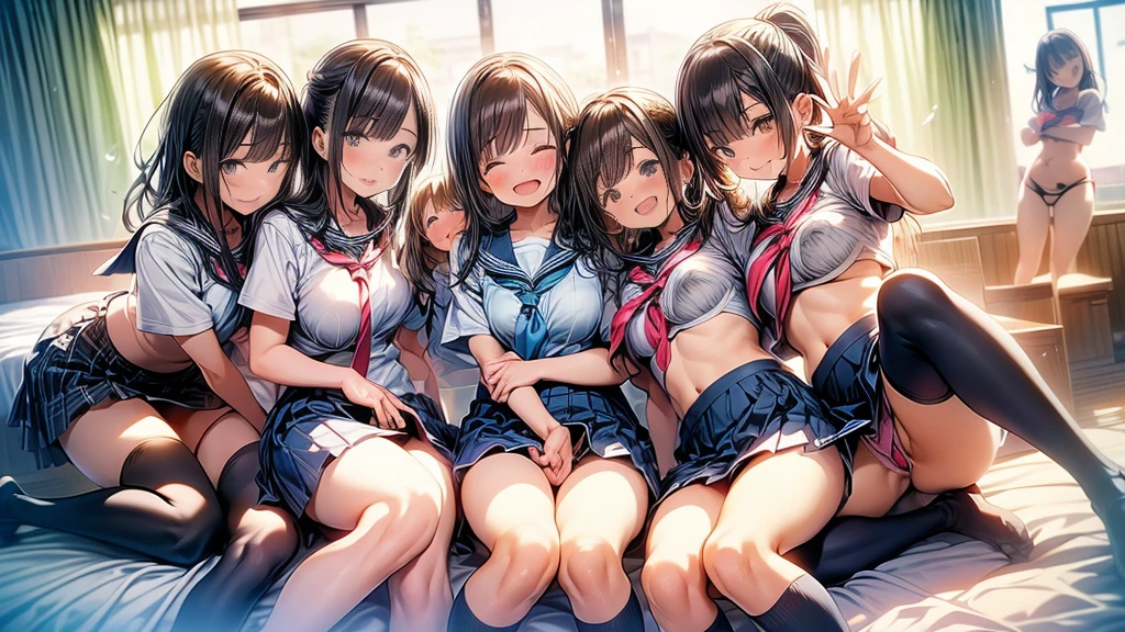 nswf:1.3,(masterpiece: 1.2, highest quality, masterpiece, Clearer images), (Bright colors), ((Take clear photos even from a distance)), (multiple girls), (Harem), (School classmates), (((All school uniforms have the same design))), (((Everyone is wearing the same navy blue skirt))), (()), ((prostitution婦)), (prostitution宿, on the bed), (cute Japanese((6 girls))), (((infant'face))), ((group shot)), (group selfie), ((ass visible through thighs))、 (Full body diagram from head to toe), front, frontやや下からの構図, symmetry, 18 year old tall girl, alone, (whole body from head to toe),wide angle, soft light, ((((laugh with your mouth wide open)))), (slightly larger breasts), ((prostitution)), (lure), ((viewers love it)), (((A lot of hearts are flying))), Landscape、(((show panty:1.6)))、((((M spread legs:1.4)))、((female masturbation:1.8))、((breast grab:1.3)),(((bra lift:1.2)))、(skirt lift:1.3) 、one eye closed、stick out one's crotch、((youth))、black tights、black stockings、black pantyhose、black stockingsックス