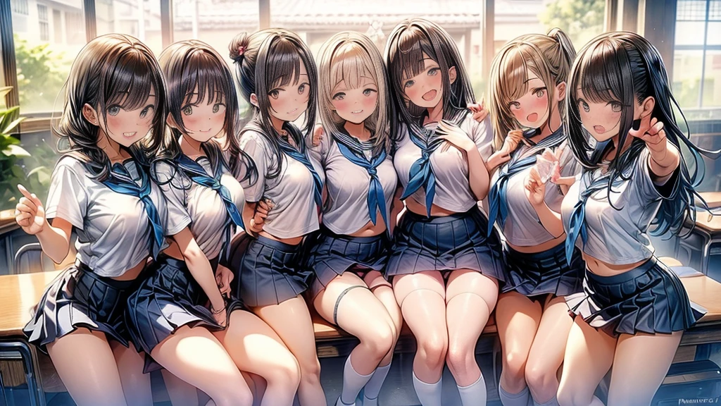 nswf:1.3,(masterpiece: 1.2, highest quality, masterpiece, Clearer images), (Bright colors), ((Take clear photos even from a distance)), (multiple girls), (Harem), (School classmates), (((All school uniforms have the same design))), (((Everyone is wearing the same navy blue skirt))), ((16 years old)), ((prostitution婦)), (prostitution宿, on the bed), (cute Japanese((6 girls))), (((infant'face))), ((group shot)), (group selfie), ((ass visible through thighs))、 (Full body diagram from head to toe), front, frontやや下からの構図, symmetry, 18 year old tall girl, alone, (whole body from head to toe),wide angle, soft light, ((((laugh with your mouth wide open)))), (slightly larger breasts), ((prostitution)), (lure), ((viewers love it)), (((A lot of hearts are flying))), Landscape、(((show panty:1.6)))、((((M spread legs:1.4)))、((female masturbation:1.8))、((breast grab:1.3)),(((bra lift:1.2)))、(skirt lift:1.3) 、one eye closed、stick out one's crotch、((youth))、black tights、black stockings、black pantyhose、black stockingsックス
