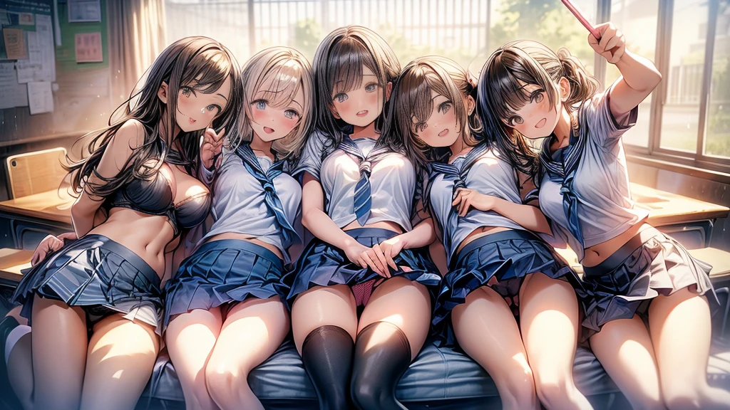 nswf:1.3,(masterpiece: 1.2, highest quality, masterpiece, Clearer images), (Bright colors), ((Take clear photos even from a distance)), (multiple girls), (Harem), (School classmates), (((All school uniforms have the same design))), (((Everyone is wearing the same navy blue skirt))), (()), ((prostitutiontution宿, on the bepanese((6 girls))), (((infant'face))), ((group shot)), selfie), ((ass visible through thighs))、 (Full body dram from head to toe), front, frontやや下からの構図, symmetry, 18 year old tall girl, alone, (whole body from head to toe),wide angle, soft light, ((((laugh with your mouth wide open)))), (slightly larger breasts), ((prostitution)), (lure), ((viewerst)), (((A loare flying))), Landscape、(((show panty:1.6)))、((((M spread legs:1.4)))、((female masturbation:1.8)reast grab:1.3)),((.2)))、(skirt lift:1.3) 、one tick out one's cr(youth))、black tights、black stoclack pantyhose、black stockingsックス