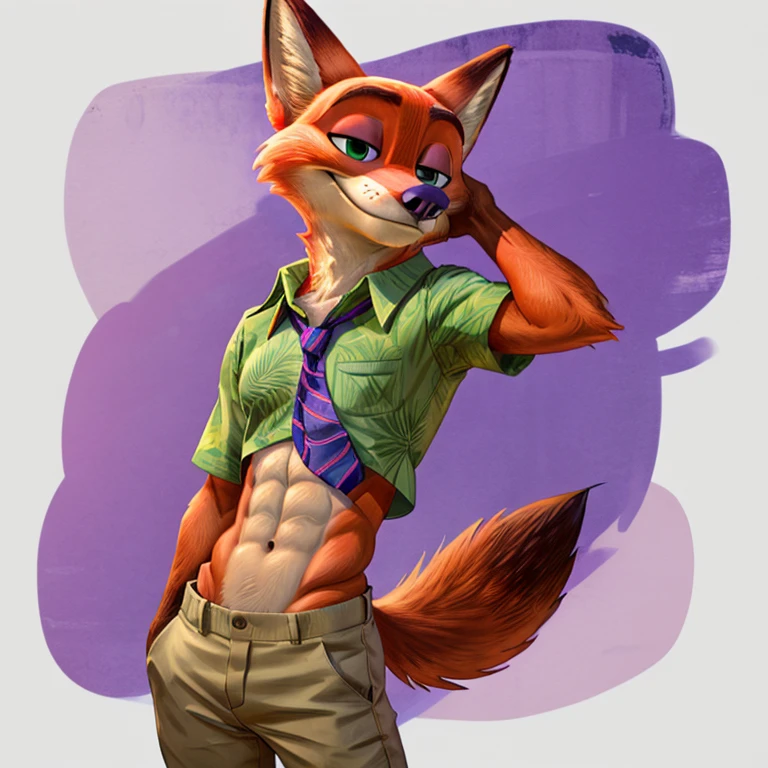 a digital artwork of Nick Wilde with abs wearing a crop top of his green Hawaiian shirt with indigo tie and khaki pants with a bare midriff and a bare navel , digital art, ((perfect face)), ((best quality)), ((masterpiece)),