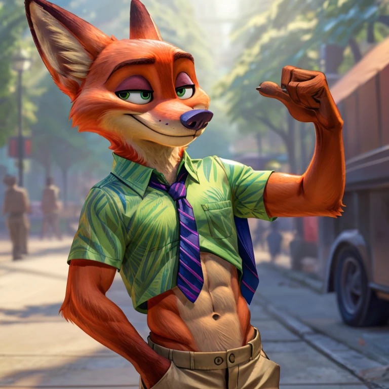 a digital artwork of Nick Wilde with abs wearing a crop top of his green Hawaiian shirt with indigo tie and khaki pants with a bare midriff and a bare navel , digital art, ((perfect face)), ((best quality)), ((masterpiece)),