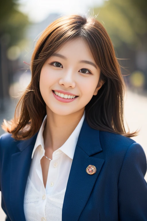 A girl named Rena, Wavy Hair, Brown Hair, 23 years old, medium breasts, Slender, sparkling smile, uninterrupted viewpoint, Retro Flare, f/2.2, 200mm, Panasonic, UHD, retina, masterpiece, ccurate, anatomically correct, textured skin, super detail, high details, high quality, best quality, highres, 1080P, HD, 4K, 8k, business attire,