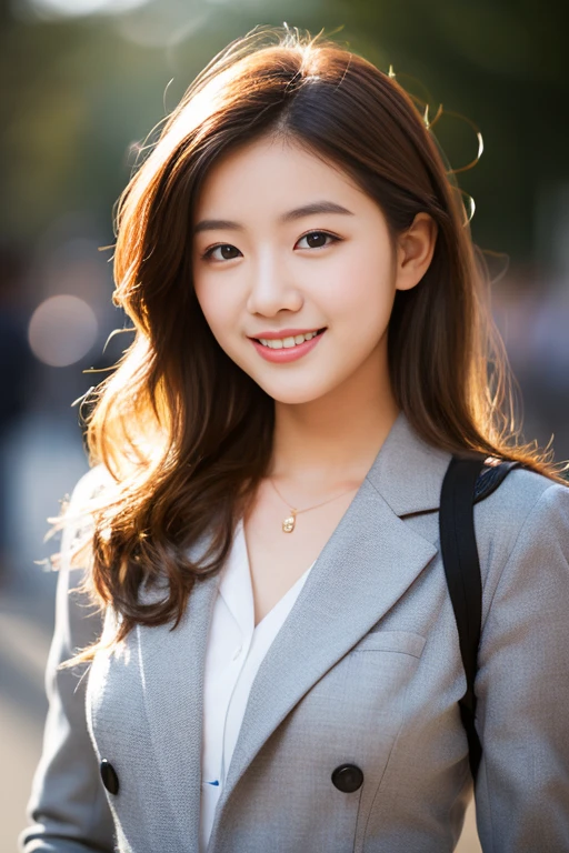 A girl named Rena, Wavy Hair, Brown Hair, 23 years old, medium breasts, Slender, sparkling smile, uninterrupted viewpoint, Retro Flare, f/2.2, 200mm, Panasonic, UHD, retina, masterpiece, ccurate, anatomically correct, textured skin, super detail, high details, high quality, best quality, highres, 1080P, HD, 4K, 8k, business attire,