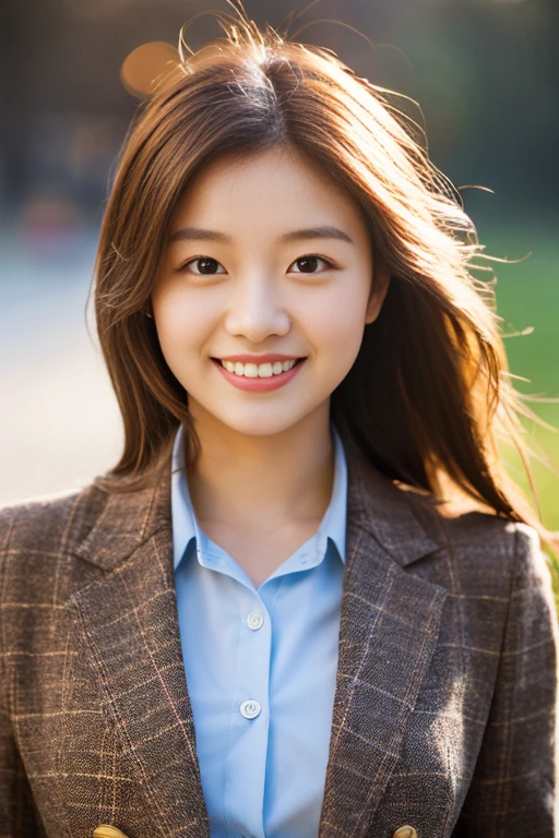 A girl named Rena, Wavy Hair, Brown Hair, 23 years old, medium breasts, Slender, sparkling smile, uninterrupted viewpoint, Retro Flare, f/2.2, 200mm, Panasonic, UHD, retina, masterpiece, ccurate, anatomically correct, textured skin, super detail, high details, high quality, best quality, highres, 1080P, HD, 4K, 8k, business attire, 
