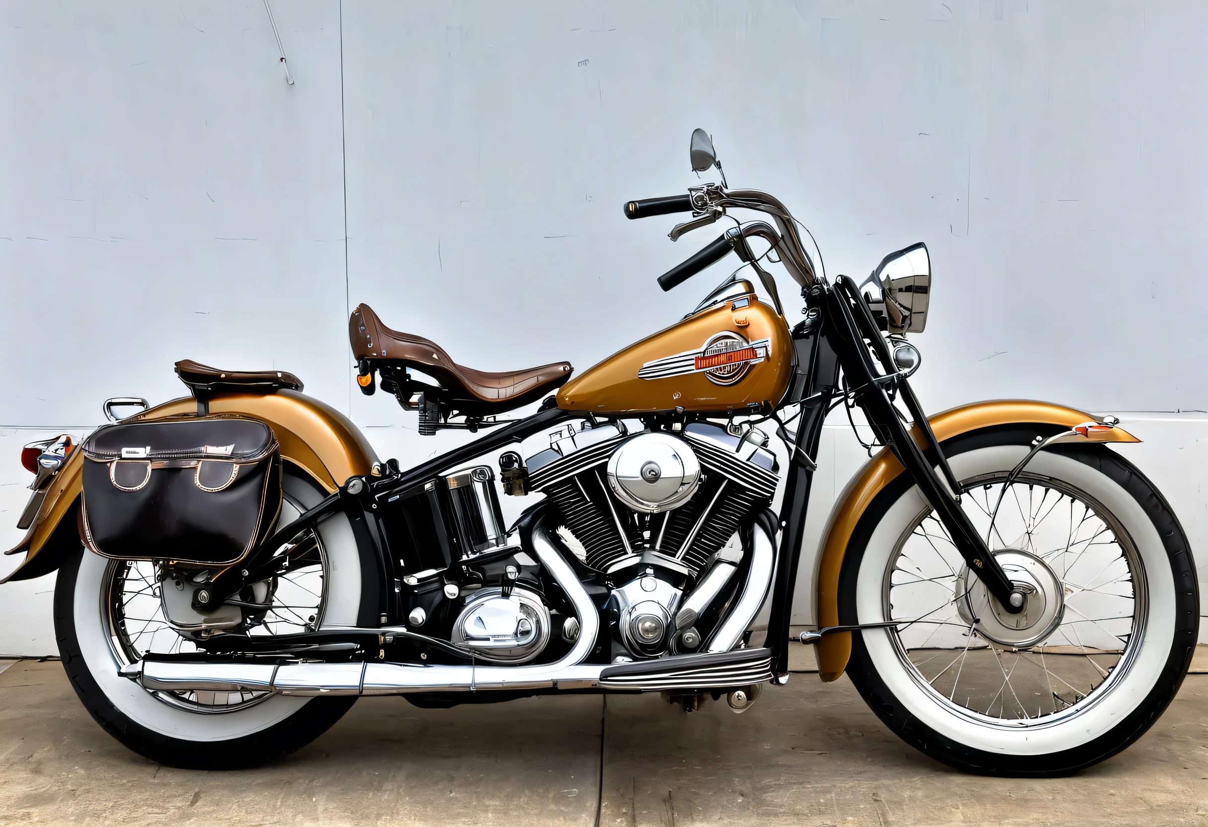 a 1950's Harley-Davidson Flathead cruising motorcycle, golden-brown fenders and tank, chromed engine, transmission, etc...