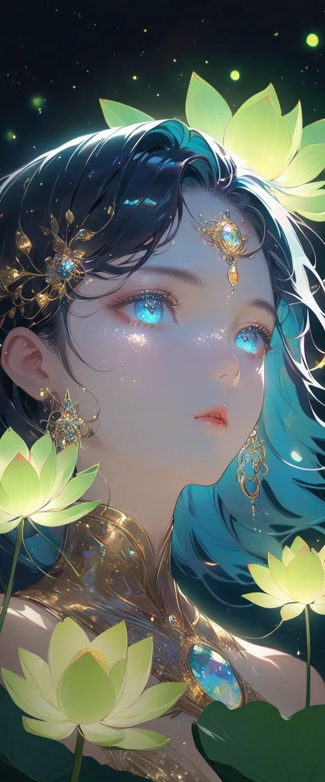 In digital art style, charming illustration,peaceful picture,1 girl, beautiful eyes,tall lotus,alone,body glow,Glowing lines,fluorescence,glow example,Example tracking,flash,light particles,Backlight,Translucent,light particles,Correct human anatomy,