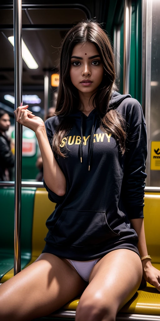 Indian girl, Bollywood, highres, masterpiece, perfect ligthing, bloom, night, cinematic lighting, adult, perfect skin, female, (looking at camera:1.4), realistic skin, eyeliner, realistic, (photorealistic), supermodel, oversized hoodie, large ass, long hair, shoes, white panties, ((crowded subway)), sitting, open legs, spread legs.