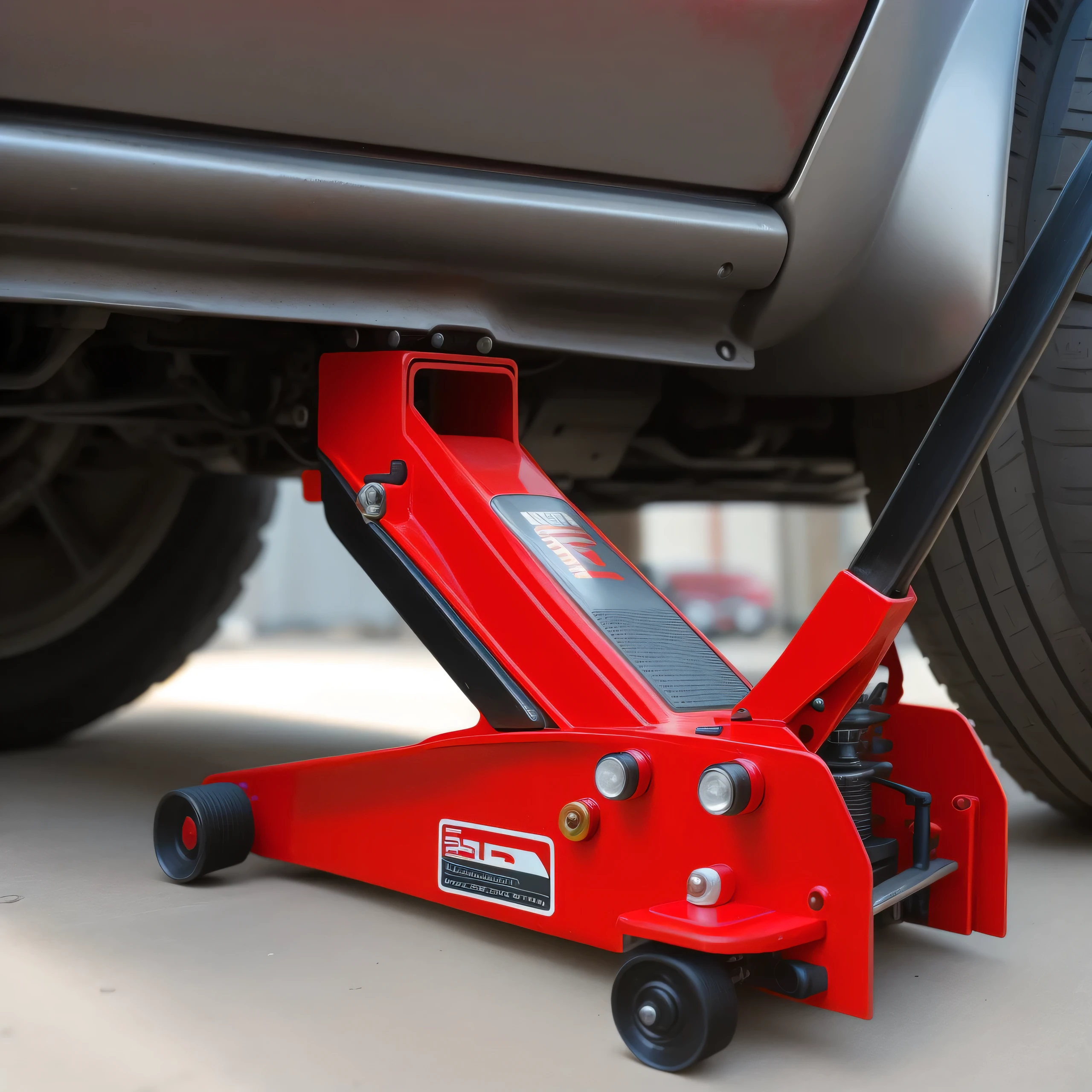 Close-up of a red jack sitting on top of a car, Product close-up photos, Detailed zoom photos, powerful details, DIY, miura, high resolution, very strong, technical details, Underbody, bottom corner, it has red and black paint, surreal, high angle close-up shot, High-detail product photos, Detailed product photos