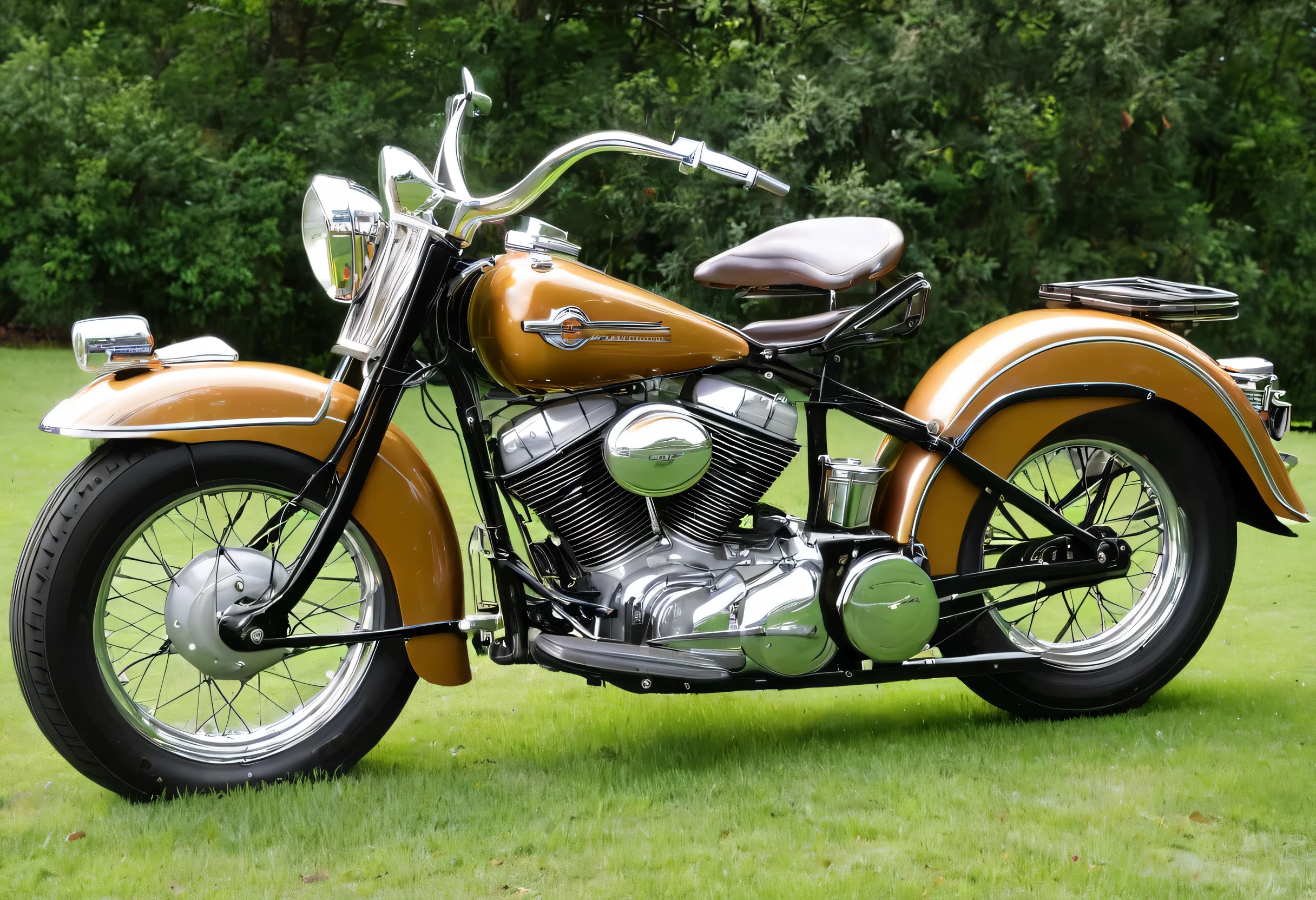 a 1950's Harley-Davidson Flathead cruising motorcycle, golden-brown fenders and tank, chromed engine, transmission, etc...