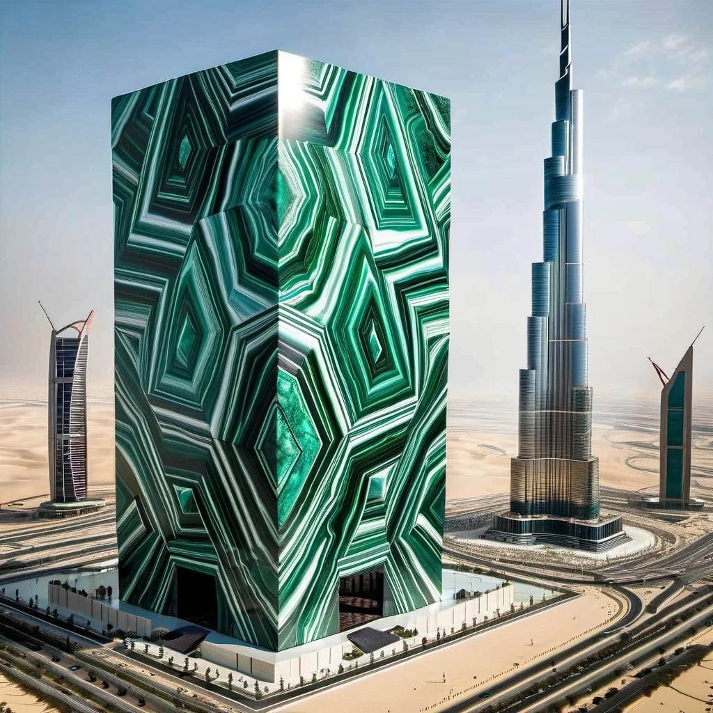 ((Giant geometric figure - cube) made of malachite), monumental, majestic, (near a small skyscraper Burj Khalifa), tenebroso style, desert
, ((best quality, Masterpiece)), ((Highest detail)), RAW:1,1, 8k