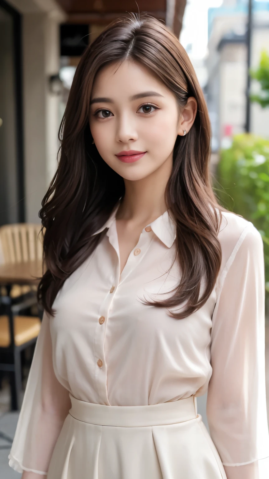 highest quality, realistically, Super detailed, detailed pubic hair, High resolution, 8k wallpaper, 1 beautiful woman, Pink wet lips, light brown messy hair, wearing a suit, shirt, white skirt, lock focus, perfect dynamic composition, beautiful eyes, delicate hair, Detailed realistically skin texture, smile, close-up portrait, model body shape, On the open terrace of the cafe, blurred background, (full body shot), Take photos from a distance, Random body orientation,