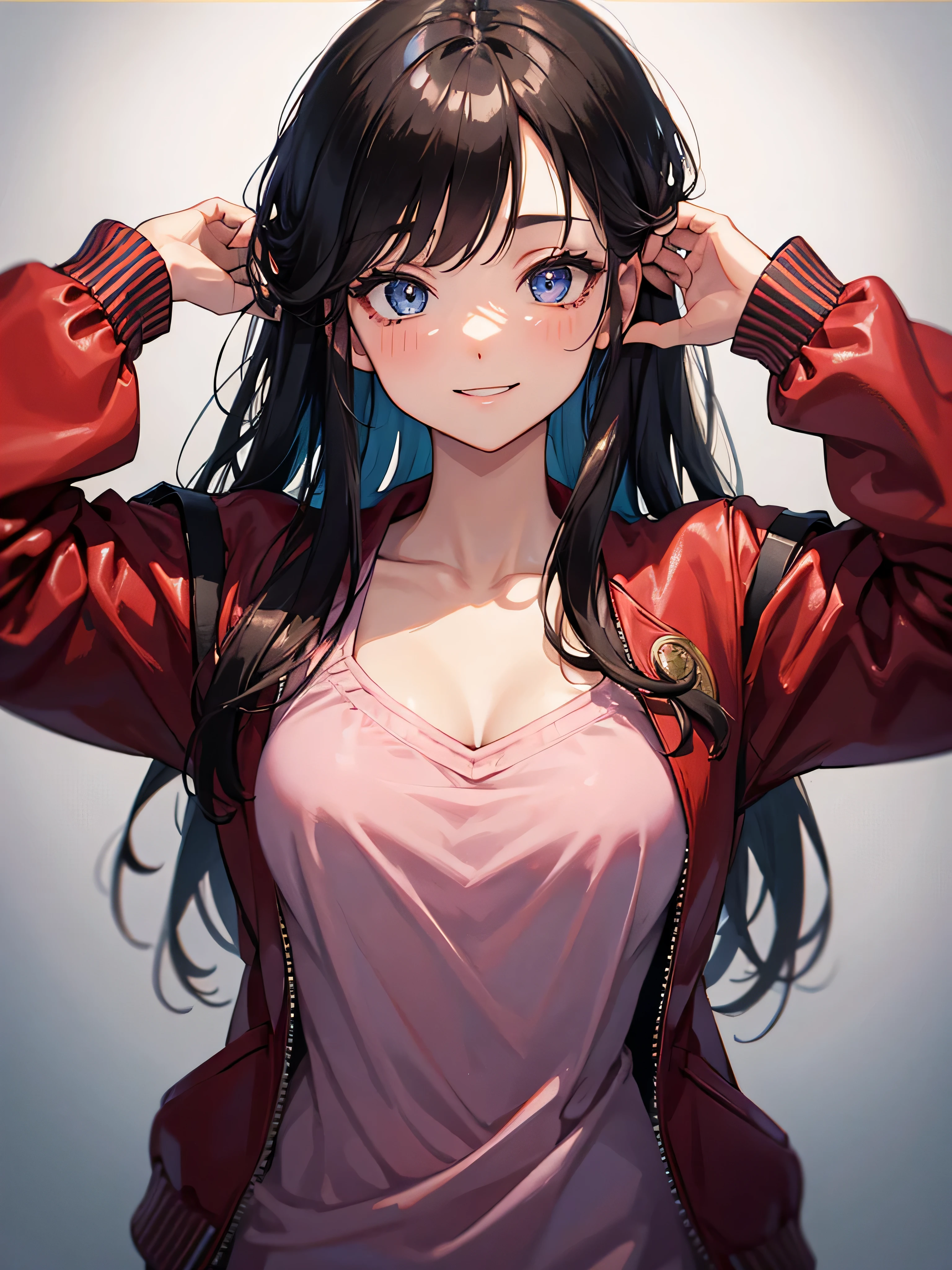 (1 female、Japanese、20-year-old、fresh、clear、seems kind、stylish、attractive narrow eyes、Pathetic、cute like an angel、cute、black eye、Idol,actress),(big breasts:1.4).(very cute)、(black hair),enchanting eyes、(,(eye highlights:1.4),),(In 8K、Live shooting、highest quality、masterpiece:1.2、optimal lighting,Shooting with a SLR)、(long hair、dull bangs),masterpiece,(Photo taken by a professional photographer),(genuine、photogenuine:1.37),break,(pink leather jacket), (portrait),(Smile),dynamic angle