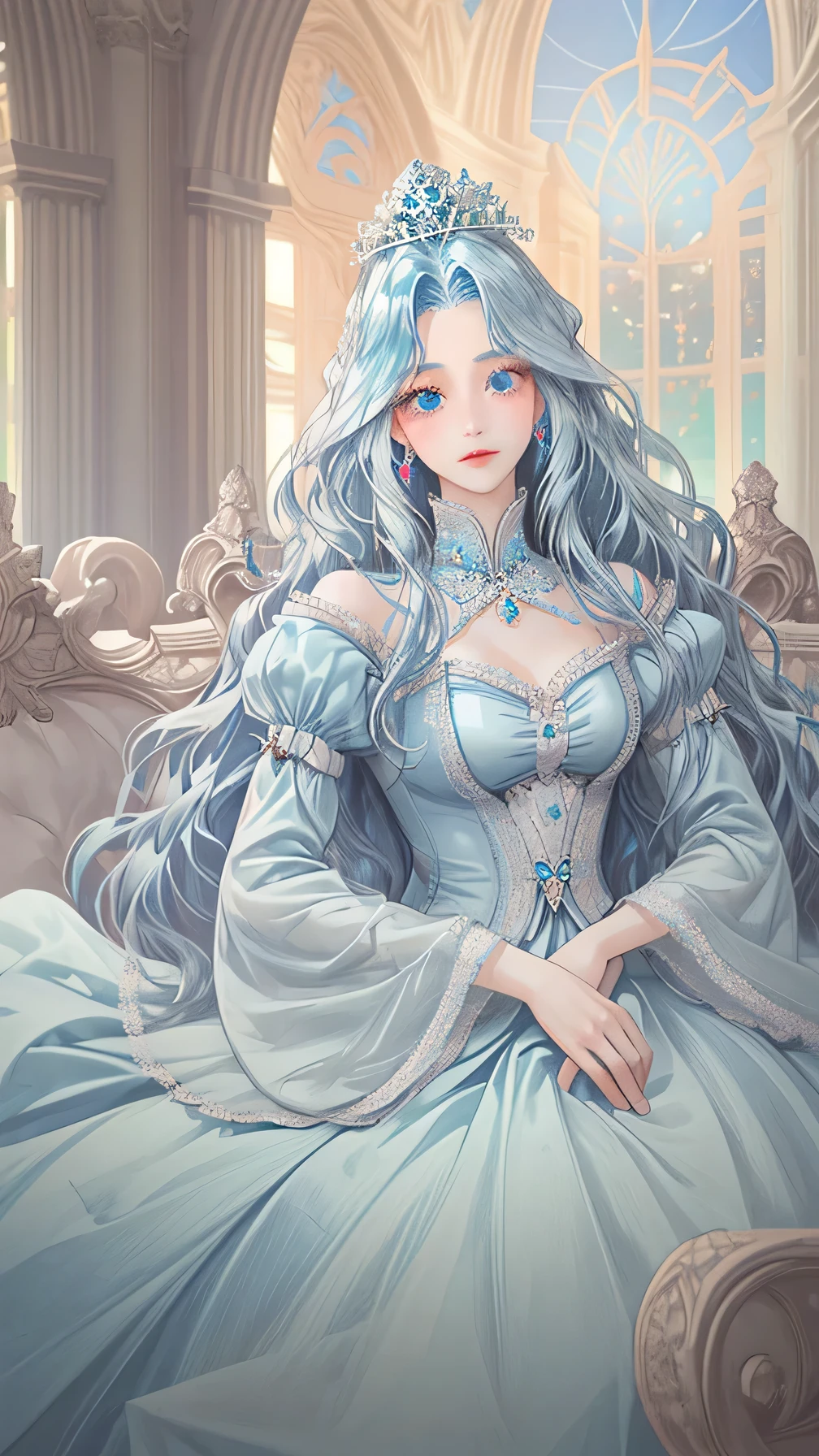 Beautiful princess with long wavy blue hair, mesmerizing blue eyes