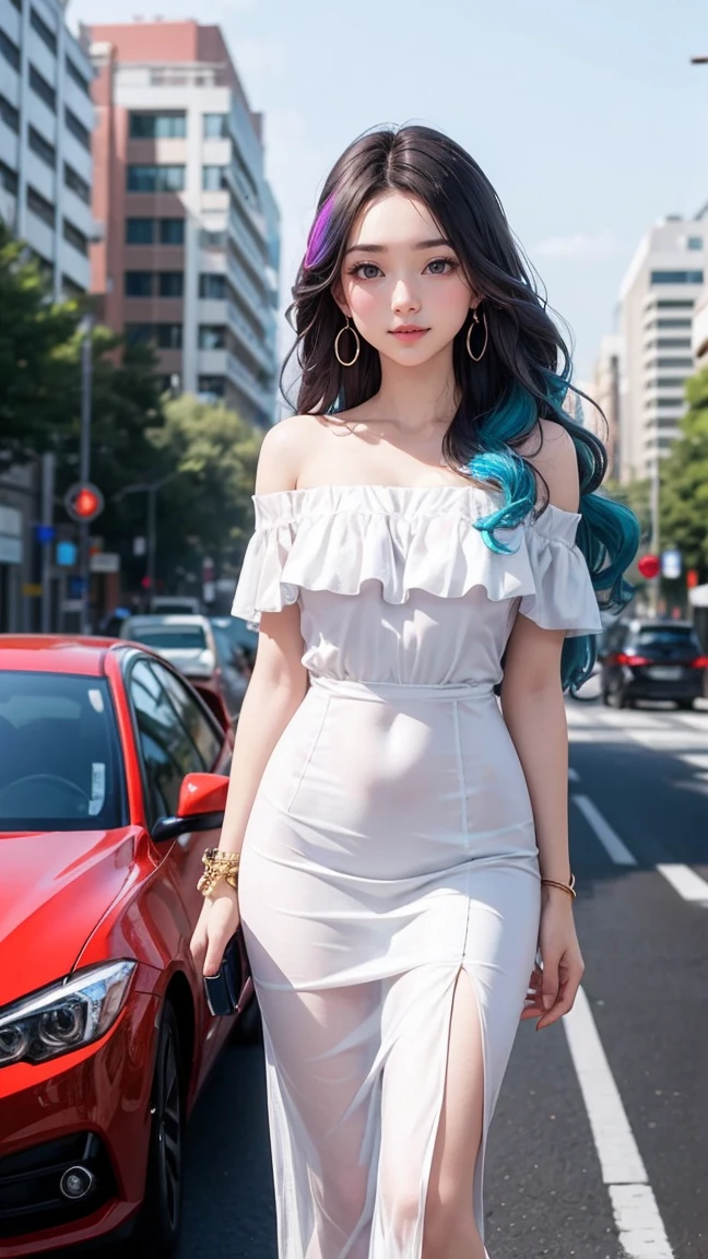 (最high quality, 8K, masterpiece: 1.3, Ultra HD, high quality, 最high quality, High resolution, realism)) 、25 year old white woman、brunette、blue eyes、long hair、smile、slender、slenderだがアスリートのような細マッチョ、I don't want my head to disappear from the screen.、Wear accessories on your wrist、Wearing red nail polish、I have a peticure、Wear a sheer, off-the-shoulder bodycon top、wear sandals、have a clutch bag、Skyscraper background、Waiting for a traffic light at an intersection、crystal earrings((crystal earrings))、inner color((colored inner hair))、long hair ((long hair))、dark blonde、Rainbow Hair((rainbow hair))