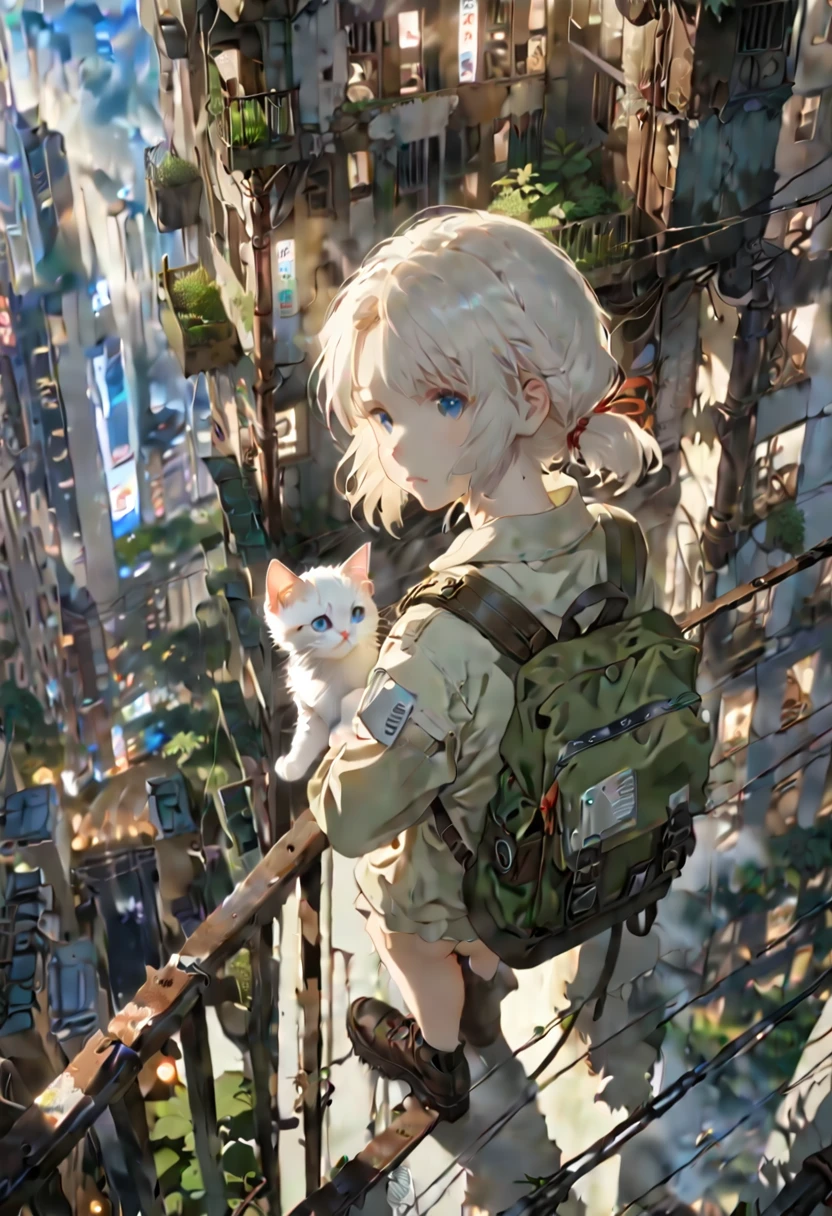 (8K、Raw photo、highest quality、look up:1.2、masterpiece:1.2、genuineistic、ultra high resolution、high contrast、photon mapping、genuine、Super detailed、official art, Raw photo、professional lighting、 light、Vivid atmosphere、twicelight) ,(1 girl), (Portrait of a Girl), (Young look),(Moist eyes), (beautiful face:1.3), (perfect proportions:1,2), (thin legs), (thin thighs), (long legs:1.2), (delicate), (height: 150cm), (15 years old) , (Fair skin、white skin: 1.5), (lightブラウンのポニーテール), (One white kitten), A girl and a white kitten with a backpack climb down from a high point in the forest.、Looking out at the city skyline、Reminiscent of emotional scenes。 High-rise buildings in the city are covered with trees from the walls and windows々pops out、The building is covered like a lush jungle.、It depicts a futuristic landscape where nature and the city are fused.。A city bathed in bright sunlight、It suggests a bright and hopeful future.。 A girl trying to enter a building in the city、It symbolizes young people trying to break out into society.。and、A white kitten is snuggling up to me.、As a familiar presence、Watching a girl's journey。 This scene is、While having the atmosphere of a work directed by Makoto Shinkai,、I am drawing a post-apocalyptic animation with a unique world view.。