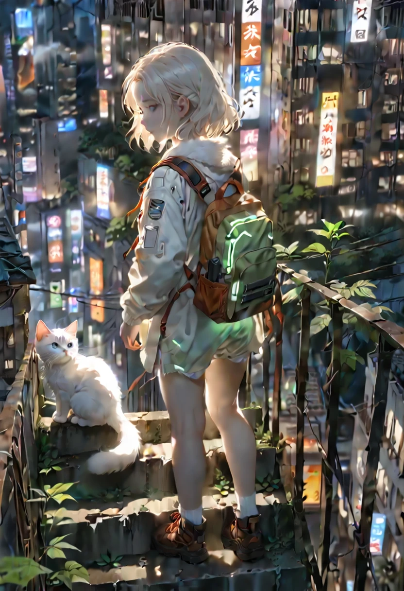 (8K、Raw photo、highest quality、look up:1.2、masterpiece:1.2、genuineistic、ultra high resolution、high contrast、photon mapping、genuine、Super detailed、official art, Raw photo、professional lighting、 light、Vivid atmosphere、twicelight) ,(1 girl), (Portrait of a Girl), (Young look),（Moist eyes), (beautiful face:1.3), (perfect proportions:1,2), (thin legs), (thin thighs), (long legs:1.2), (delicate), (height: 150cm), (15 years old) , (Fair skin、white skin: 1.5), (lightブラウンのポニーテール), （One white kitten）, A girl and a white kitten with a backpack climb down from a high point in the forest.、Looking out at the city skyline、Reminiscent of emotional scenes。 High-rise buildings in the city are covered with trees from the walls and windows々pops out、The building is covered like a lush jungle.、It depicts a futuristic landscape where nature and the city are fused.。A city bathed in bright sunlight、It suggests a bright and hopeful future.。 A girl trying to enter a building in the city、It symbolizes young people trying to break out into society.。and、A white kitten is snuggling up to me.、As a familiar presence、Watching a girl&#39;s journey。 This scene is、While having the atmosphere of a work directed by Makoto Shinkai,、I am drawing a post-apocalyptic animation with a unique world view.。