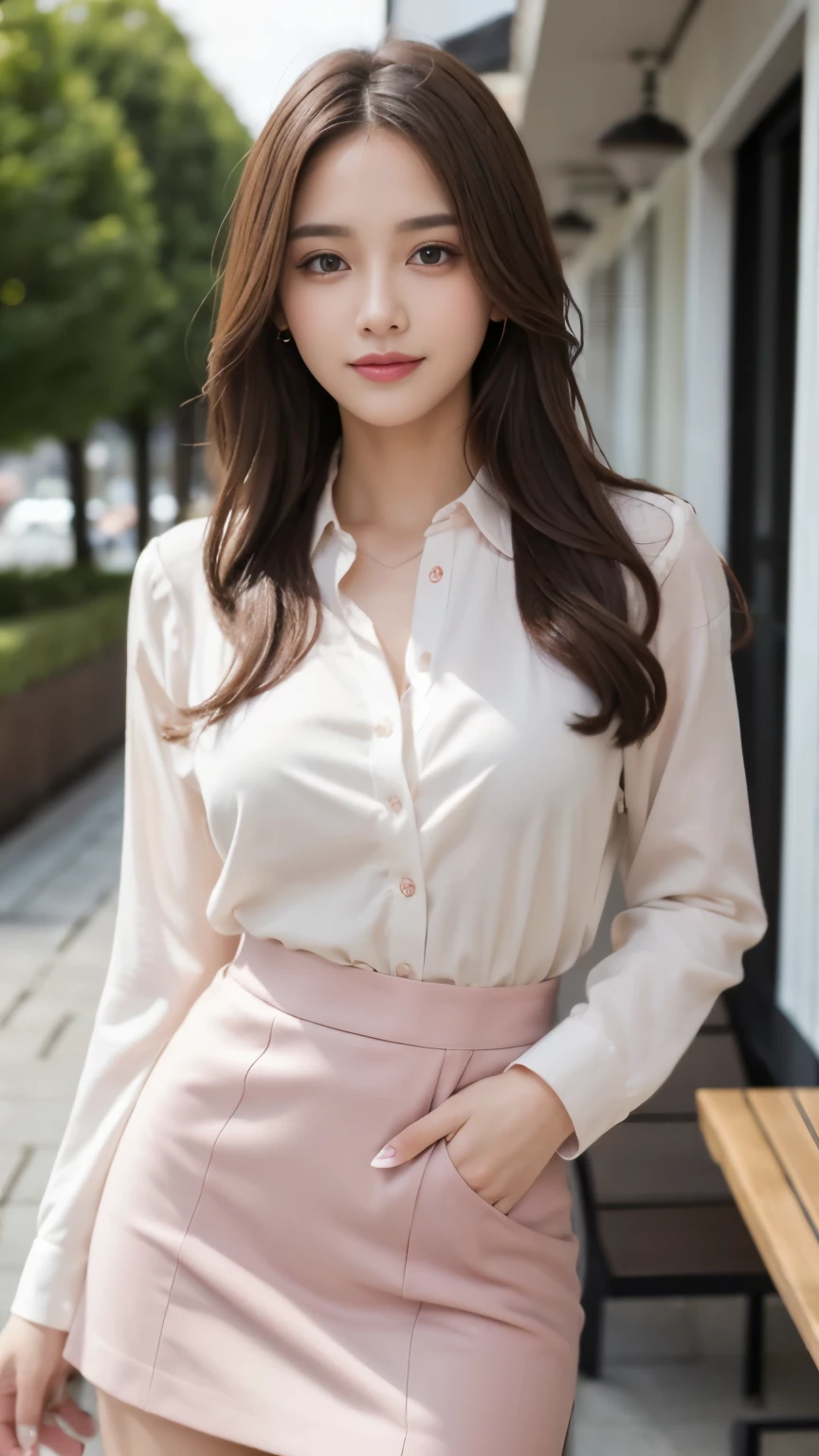 highest quality, realistically, Super detailed, detailed pubic hair, High resolution, 8k wallpaper, 1 beautiful woman, Pink wet lips, light brown messy hair, wearing a suit, shirt, white skirt, lock focus, perfect dynamic composition, beautiful eyes, delicate hair, Detailed realistically skin texture, smile, close-up portrait, model body shape, On the open terrace of the cafe, blurred background, (full body shot), Take photos from a distance, Random body orientation,