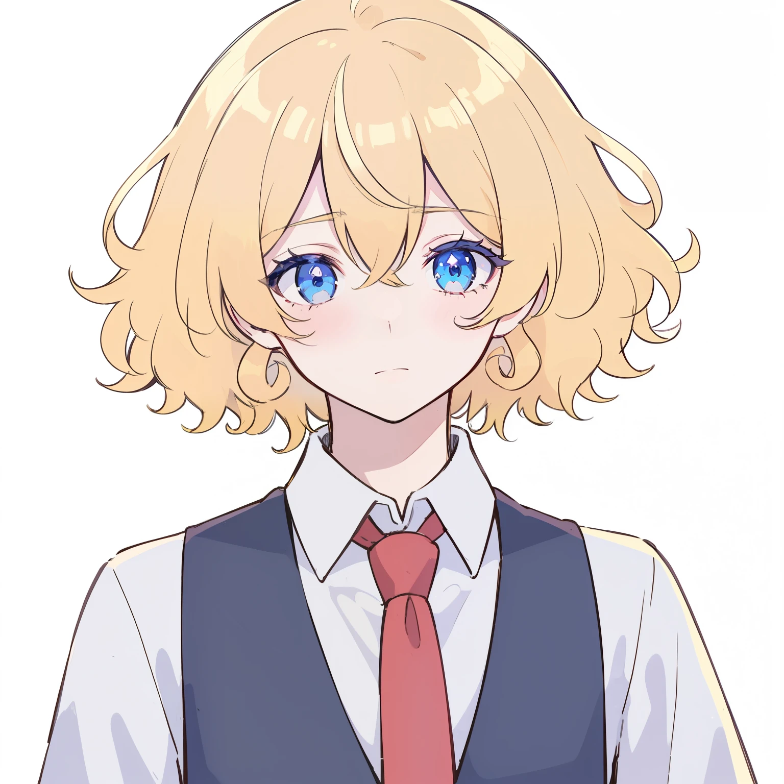 superfine illustration,Animated,1boy,man,Man's,Yaoi,Guy,man,Man's,Short hair,Curly hair,Parted bangs,Blonde hair,Blue eyes,White skin,white  shirt,red necktie