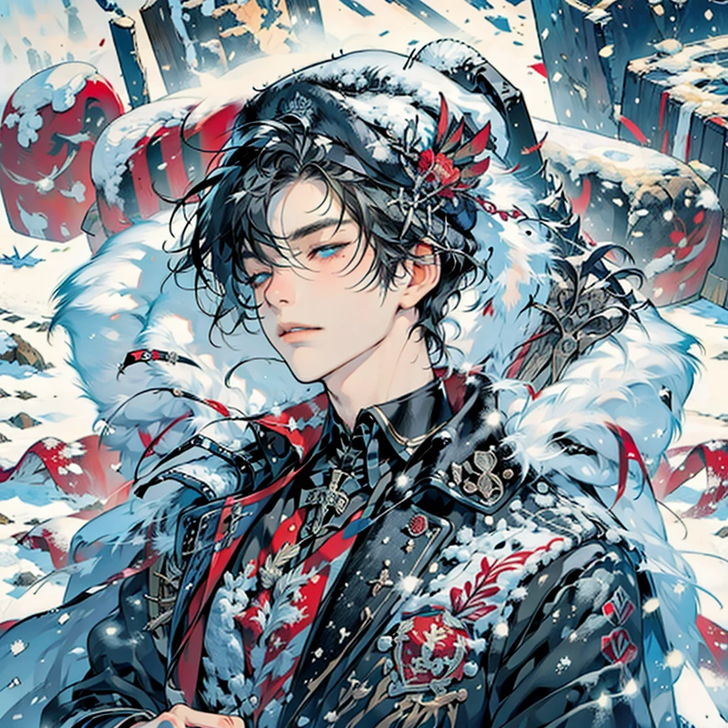 a black hair men lays on snow field with unbrothered facial expression, (unbrothered facial expression), (half-closed eyes), wear soldier hat, cool soldier uniform, snow sky, snowing sky, blood on snow field, cinematic lighting, cinematic high sky, magnificent men, handsome men, detail eyes, laying down on snow field, looks at the sky, masterpiece, best quality, detailed scenery, winter, detailed(light and shadow), modern soldier, (completely laying on snowfield), (he is laying down on snow), (look at the sky), (he looks at the sky), (Drone view), (Aerial view), (1men), solo men, resting on snow, frosty, fost, snowflake, snow smoke, frosty, it's snowing 