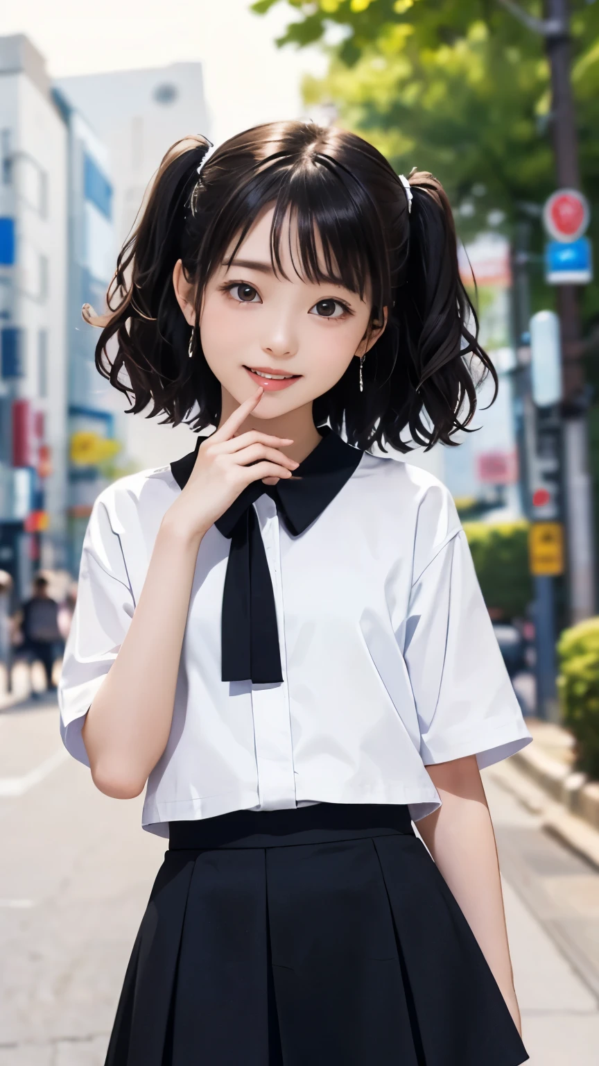 (((Masterpiece))),((top quality)),one beautiful Japanese girl,14 years old、young、bangs、wavy hair、(((two side up:1.5)))、short hair、black hair、brown eyes、droopy eyes、smile、(The background is plain)、mini skirt、(Thin clothing:1.5)、Call out with hand over mouth