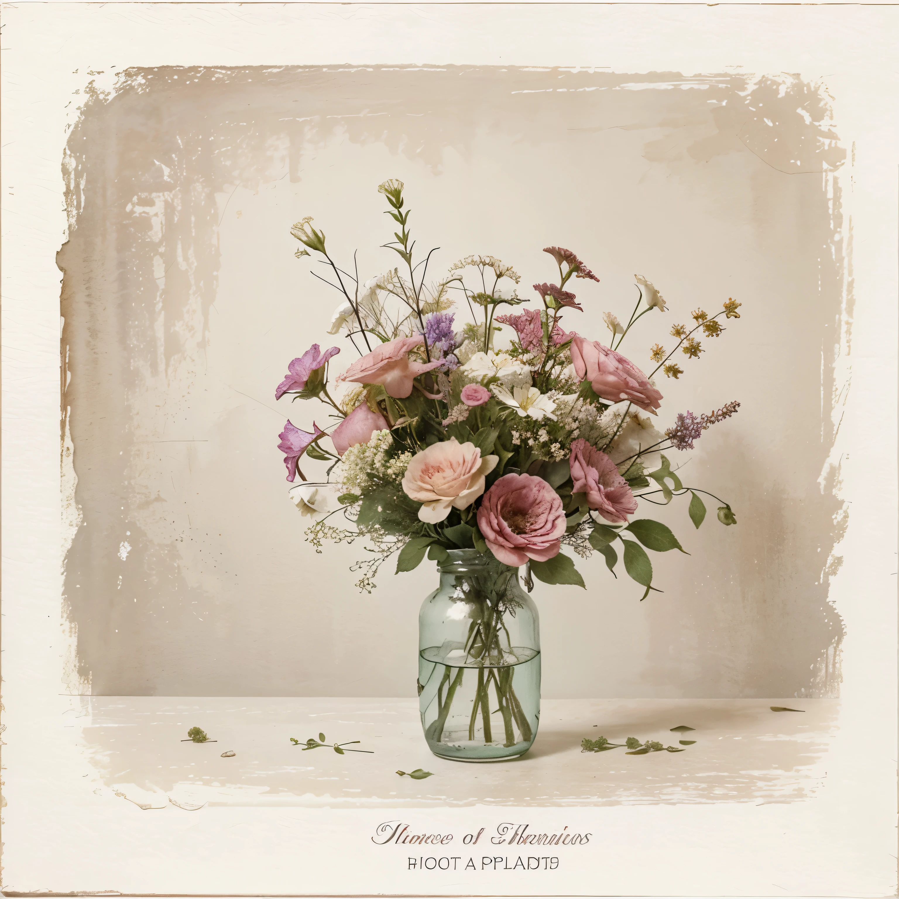 A stunning watercolor painting of various wildflowers, depicted in a shabby chic floral style. The flowers are painted in soft, muted shades of pink, with a touch of green in the stems and leaves. The background has a subtle, textured pattern that resembles an old, weathered wall. The overall atmosphere of the painting is romantic and whimsical, evoking a sense of nostalgia and charm. white background