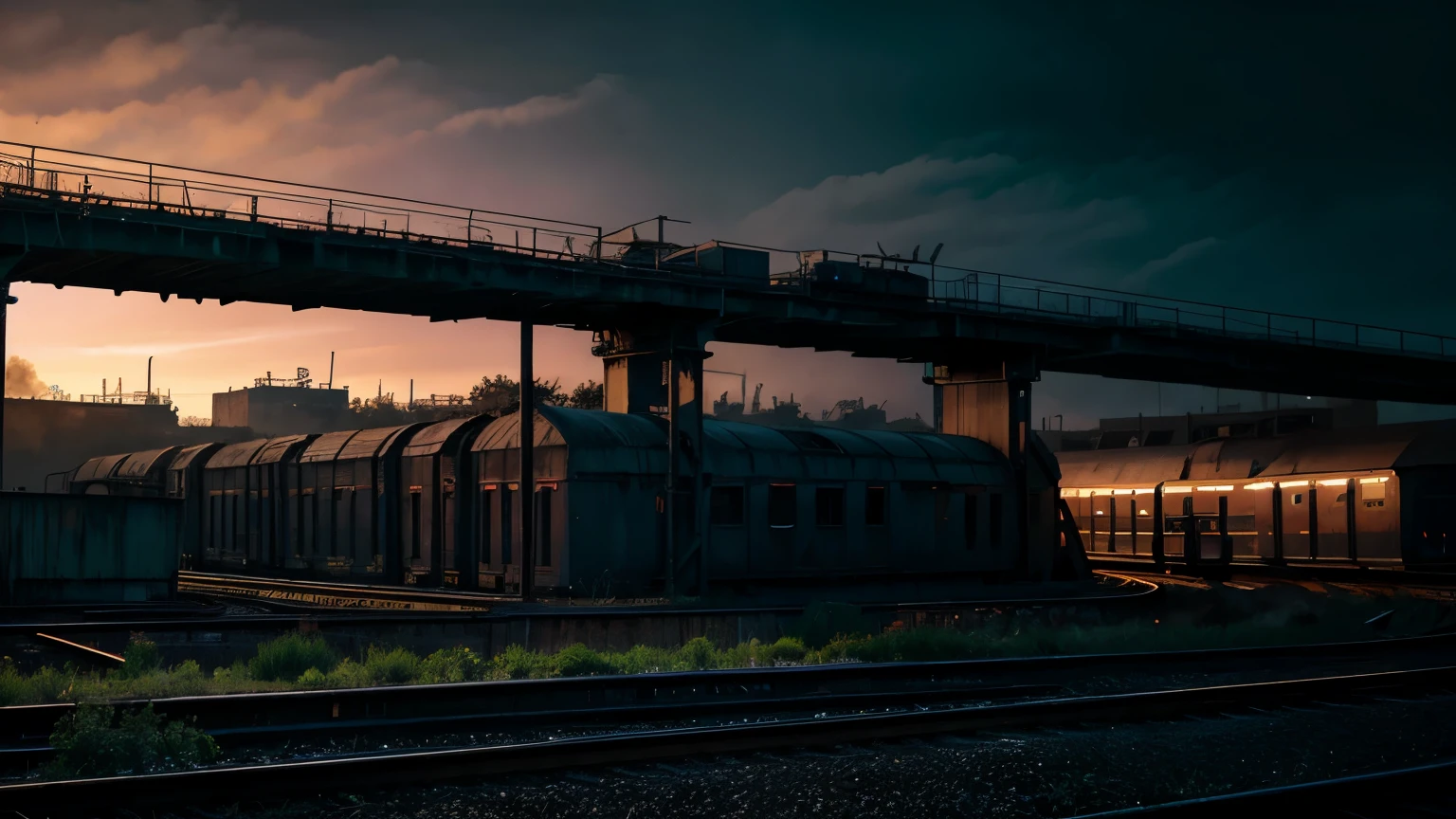 tech noir, masterpiece, best quality, 8k wallpaper, super detailed,
low saturated colors, Simple and neat design, Dark and moody atmosphere, breathtakingly beautiful,
subtle accent light, background only,
Abandoned factory, The railway line that runs around, desolate atmosphere, Ruined beauty