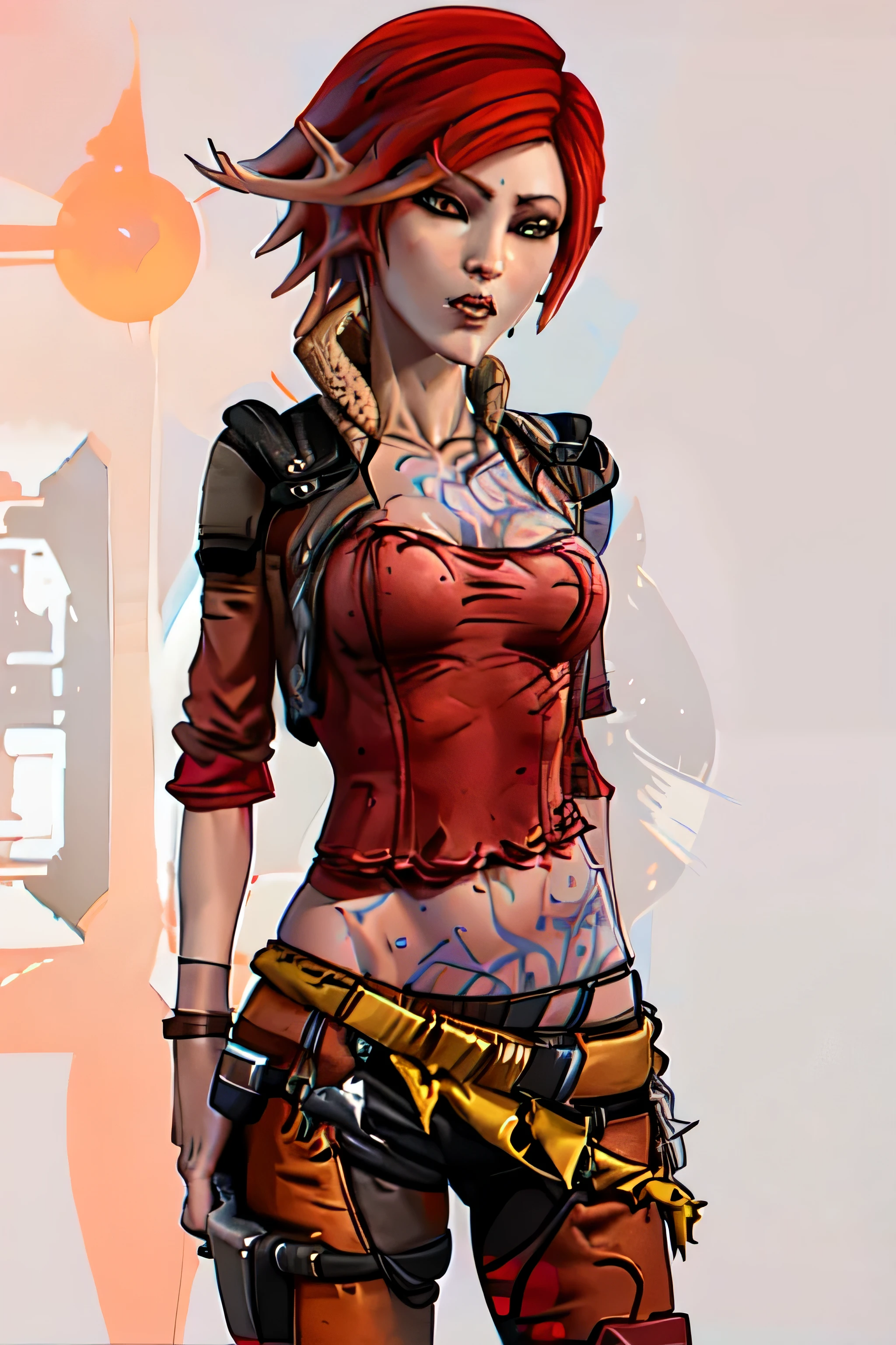 Lilith (Borderlands), Red hair, ember eyes, slim body, breasts, hips, tattoo on her left arm, wearing orange bikini